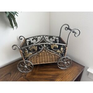 Vintage Style Ornate Metal And Rattan Plant Basket  Cart- French Countrystyle